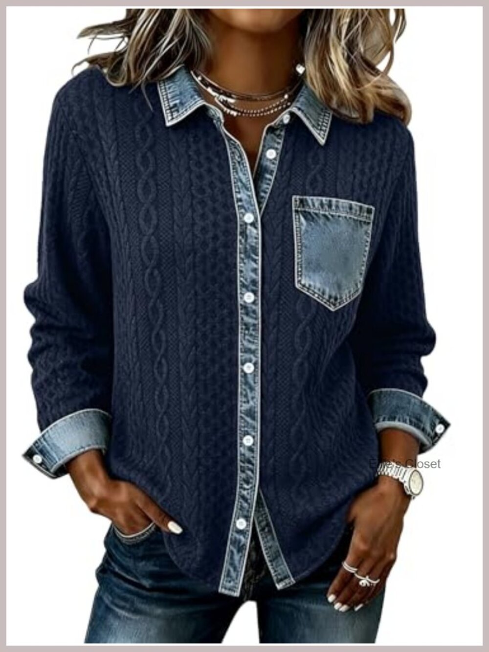 Women's Knit Patchwork Shacket with Denim Details Fall Winter Casual
